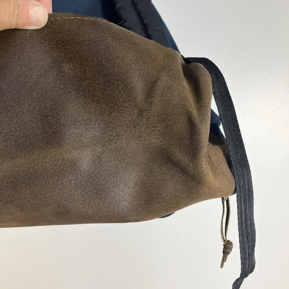Vintage Eastpak Backpack Cowhide Leather Bottom Padded Straps Blue School Bag